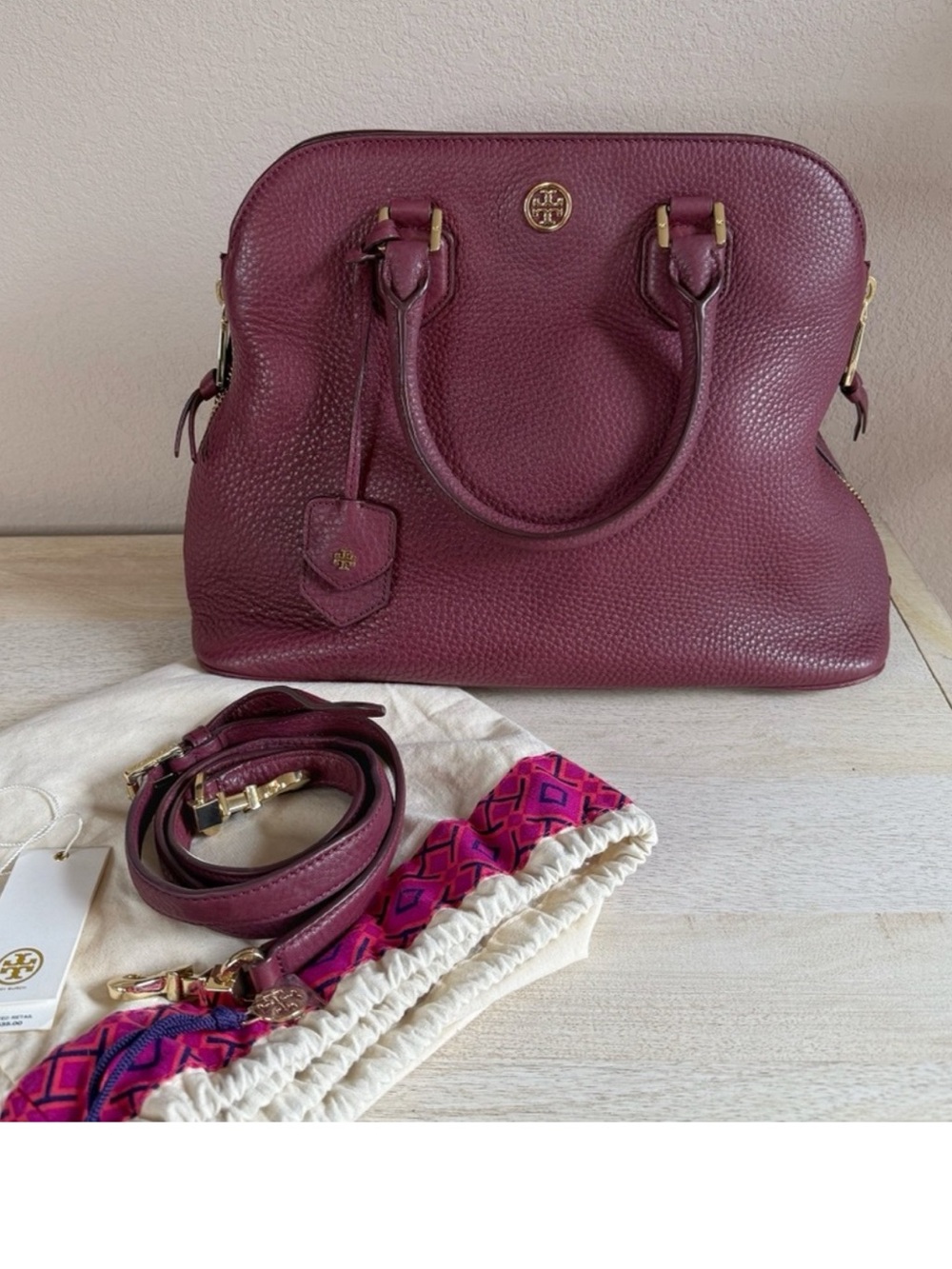 TORY BURCH ROBINSON PEBBLED OPEN DOME SATCHEL Deep Berry